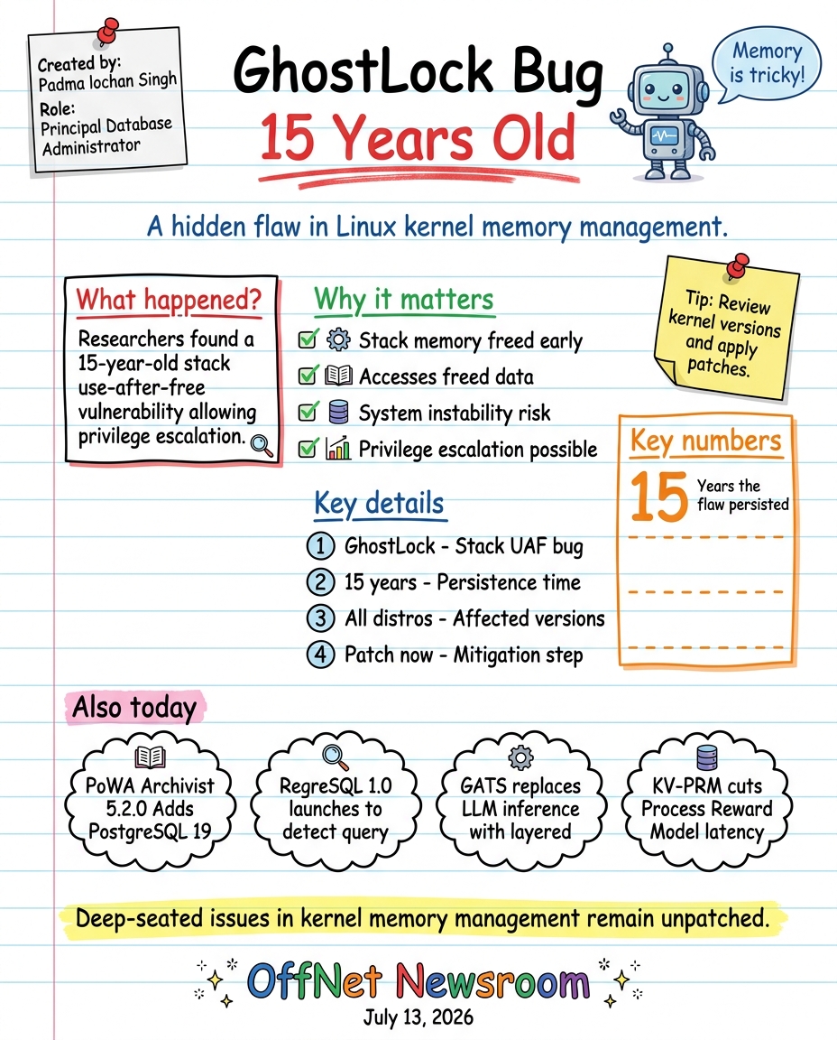 Hand-drawn sketchnote — GhostLock: 15-year-old stack-UAF vulnerability in Linux kernel